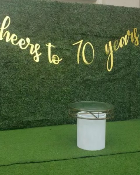 52117838 826616584355894 4529393800456841236 n - Setup for a 70th birthday party . Our green artificial backdrop, gold Dior chair...