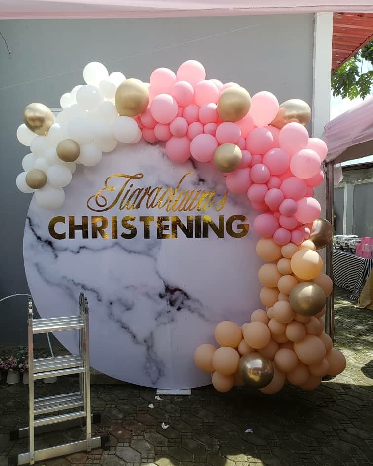 53597473 767268393652539 6424867989827575777 n - Beautiful balloon backdrop done for a christening. It is also suitable for weddi...