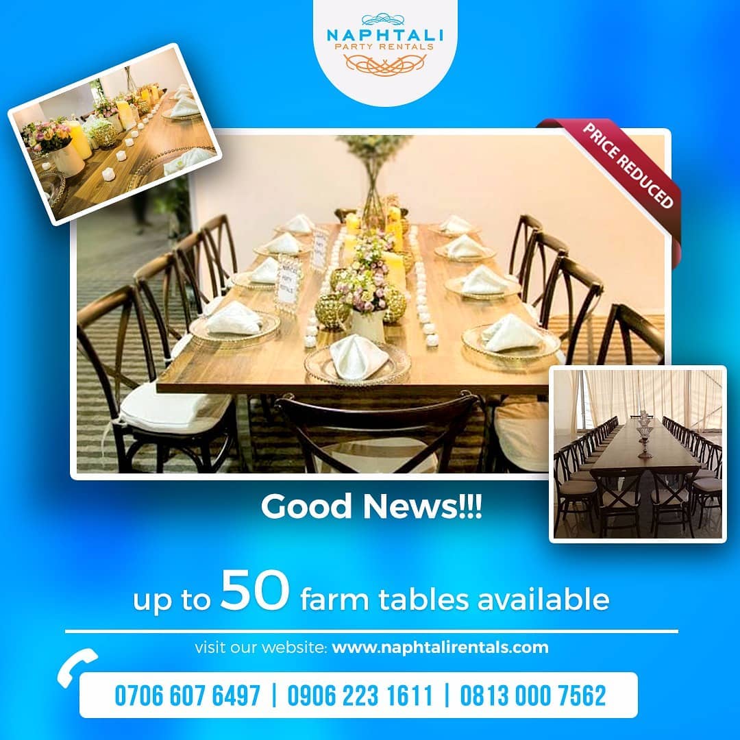 54446724 315860482389258 5007839849682839621 n - UP TO 50 FARM TABLES AVAILABLE FOR RENT FROM NAPHTALI. PLEASE CALL ANY OF OUR LI...