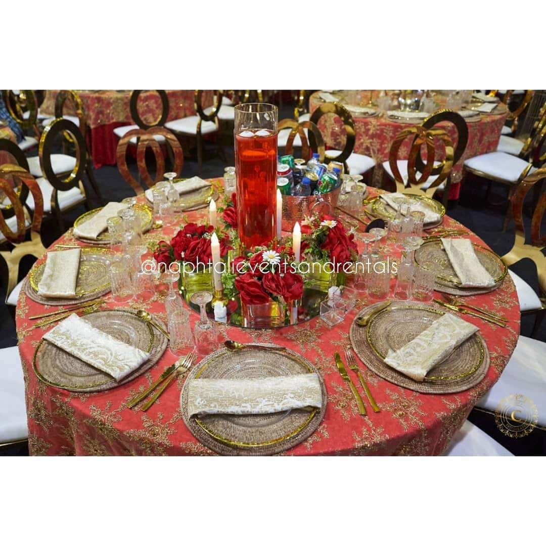 79601151 217822032553122 3505270760754481747 n - Classic Round Table Setup by @naphtalieventsandrentals 
Items Used:  Gold Butterfly Chairs, Gold Oz ...